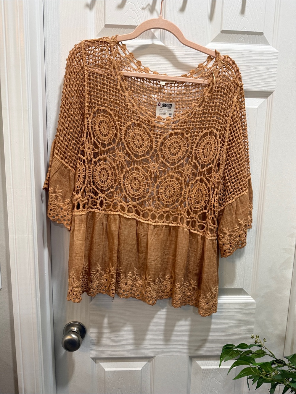 Crochet Lace Peasant Tunic Top - Camel Brown